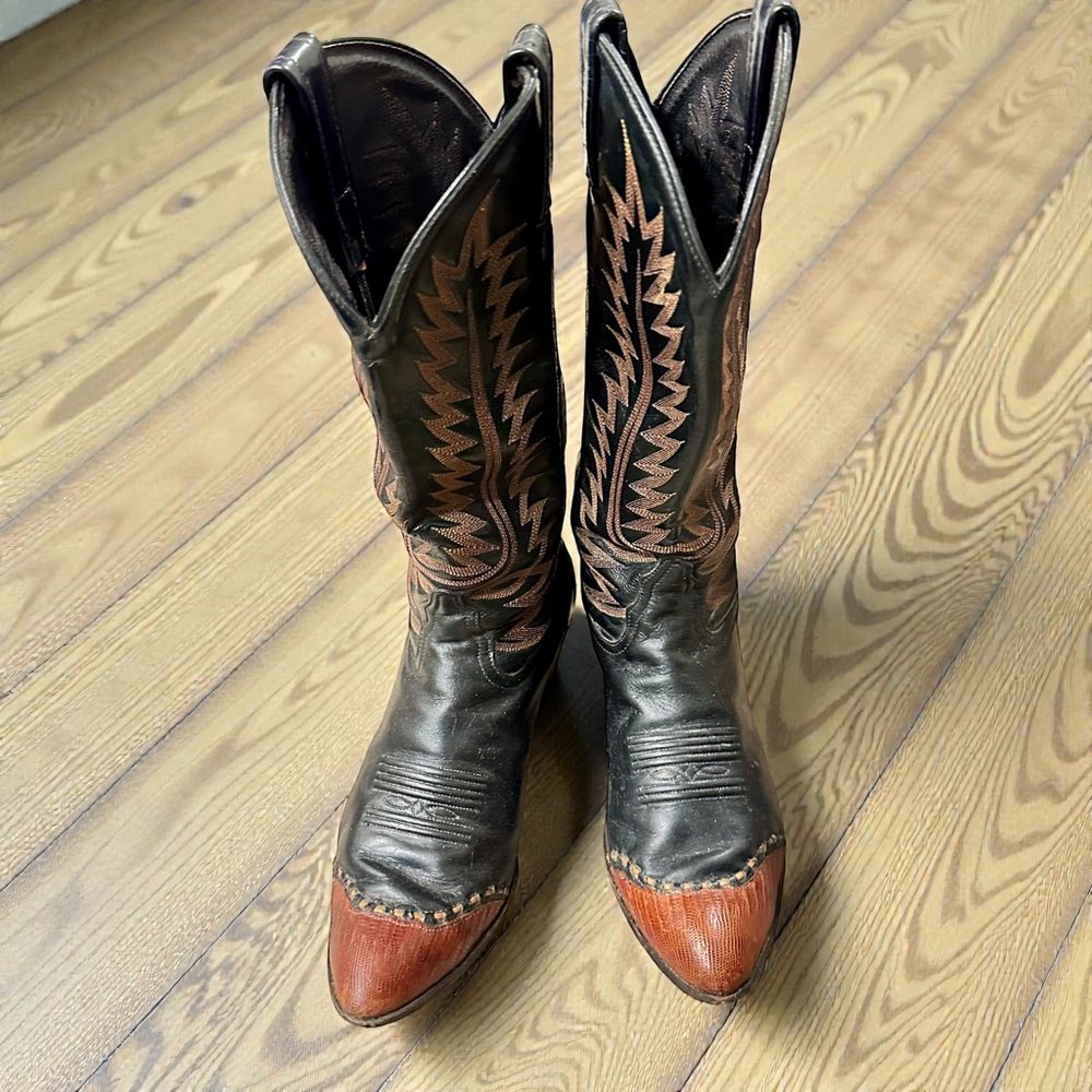 Tony Lama Black and Brown Leather Western Heeled Boots